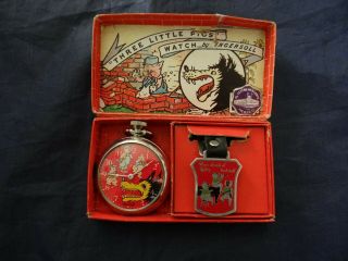 Rare Vintage Ingersoll Three Little Pigs Pocket Watch With Fob & Box
