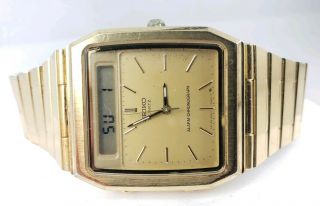 Vintage Gents Analog Digital Quartz Alarm Chronograph Gold Tone Watch