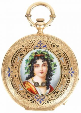 Antique H.  Huguenin Locle Yellow Gold Enamel Portrait Key Wind Pocket Watch
