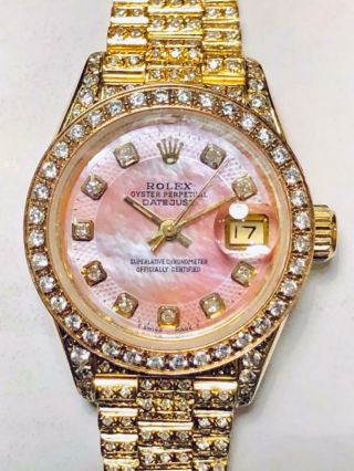 Estate Rolex Ladies Masterpiece President 18k Gold Datejust Pearl Diamond Bezel