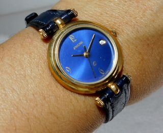 Enicar Quartz Date Swiss Navy Blue Dial Gold Plated Ladies Watch Case 25mm