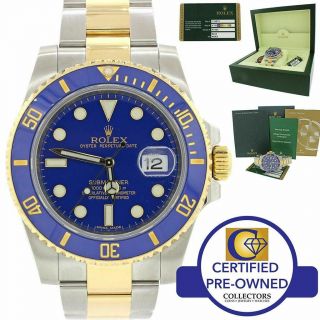 Papers Smurf Rolex Submariner Ceramic 116613 Two Tone Gold Steel Blue Watch Box