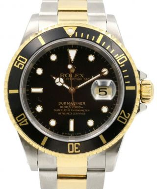 Rolex Submariner Date 18k Yellow Gold/steel Black 40mm Watch Box/papers Y 16613