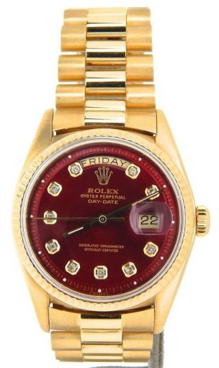 Mens Rolex Day - Date President 18kt 18k Yellow Gold Watch Red Diamond Dial 1803