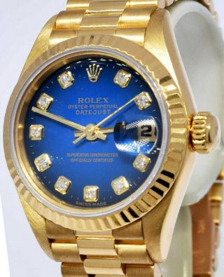 Rolex Datejust President 18k Gold Blue Vignette Diamond Dial Ladies Watch 69178