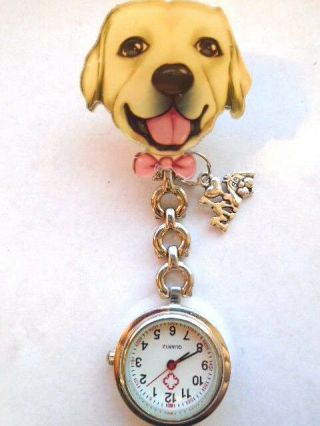 Nurse Watch Labrador Dog Pink Bow - Tie Silver Charm I Love My Dog Clip On Brooch