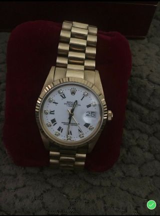 [ROLEX] 1987 Diamond Dial Oyster Perpetual 18k Rolex w/ Gold White Face 9