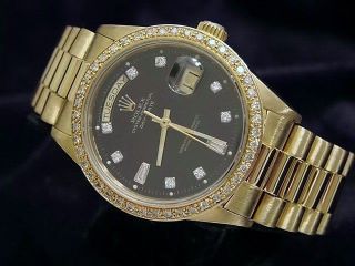 Mens Rolex Day - Date President 18k Gold Watch Black Diamond Dial & Bezel 18038