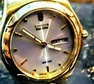 Citizen Eco Drive Wr 100 Mens Vintage Watch E101 Japan Gold Tone