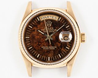 1981 Rolex 18k Gold Ref.  18038 Day - Date W/ Spanish Day Wheel & Wood Dial
