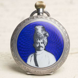 Maharaja Painted Enamel Portrait - Antique Silver Pocket Watch For Indian Market