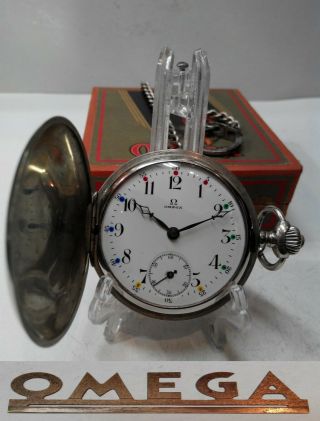 Antique Mens Pocket Watch Omega Swiss Made Full Hunter Case Box Chain