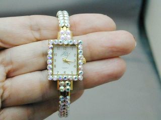 Stunning Kirks Folly Pave Ab Rhinestone Hinged Bangle Bracelet Watch