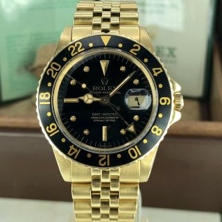 1974 Vintage Rolex Gmt Master 1675 Gold 18k Arabic Date Full Set Box & Papers
