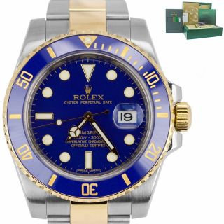 2018 Papers Rolex Submariner Sunburst Ceramic 116613 Two Tone Gold Blue Watch