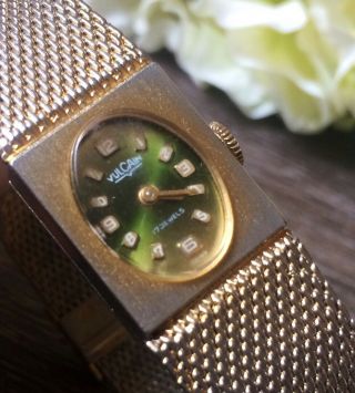 Vintage Vulcain Ladies Swiss 17 Jewels Wind - Up Watch Green Dial Mid - Century Runs