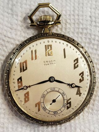 Fantastic 14k Solid Gold Gruen Very Thin Pocket Watch
