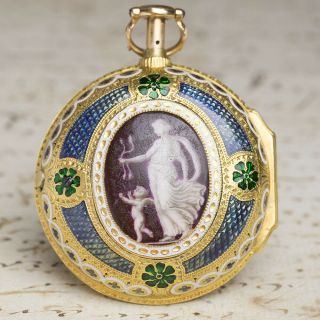 British Enamel Painting Repeater Gold Pair Case Verge Fusee Antique Pocket Watch
