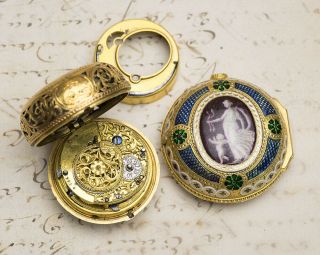 British ENAMEL PAINTING REPEATER Gold PAIR CASE Verge Fusee Antique Pocket Watch 7