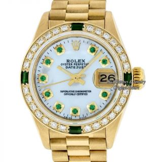 Rolex Ladies Datejust President 18k Yellow Gold Mop Diamond & Emerald Dial Watch