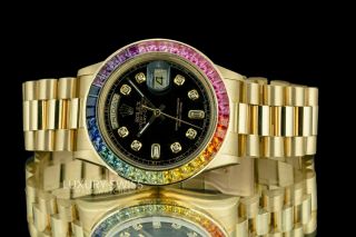 Rolex Men ' s Day - Date 18038 18K Yellow Gold Black Diamond Dial with Rainbow Bezel 2