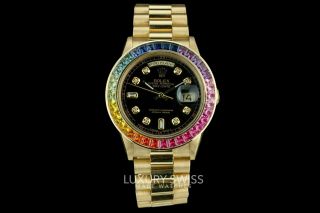 Rolex Men ' s Day - Date 18038 18K Yellow Gold Black Diamond Dial with Rainbow Bezel 7