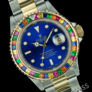 Rolex Watch Mens Submariner 16613 Two - Tone Blue Dial 40mm Rainbow Bezel