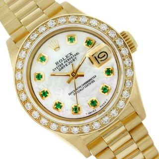 Rolex Lady Datejust 69178 18k Gold Mop Emerald Dial/diamond Bezel - Pre - Owned