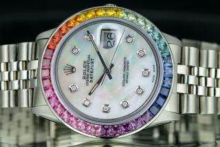 Rolex Men ' s Datejust 16014 Ice White MOP dial w/ Diamonds Sapphire Rainbow Bezel 2