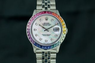 Rolex Men ' s Datejust 16014 Ice White MOP dial w/ Diamonds Sapphire Rainbow Bezel 6