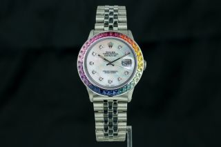 Rolex Men ' s Datejust 16014 Ice White MOP dial w/ Diamonds Sapphire Rainbow Bezel 7