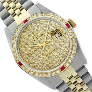 Mens Rolex Watch Datejust 16013 18k Gold & Steel Diamond Pave Dial Ruby Bezel