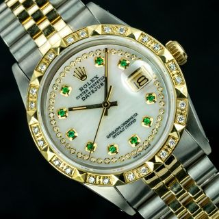 Rolex Watch Mens Datejust 16013 36mm Mop Diamond Emerald Dial Gold Pyramid Bezel