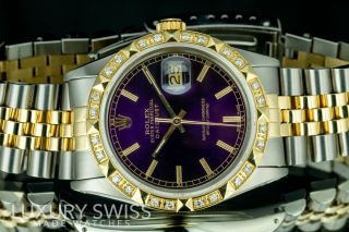 Rolex Watch Men ' s Datejust 16013 Purple Dial w/ Stick Markers Gold Pyramid Bezel 4