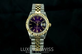 Rolex Watch Men ' s Datejust 16013 Purple Dial w/ Stick Markers Gold Pyramid Bezel 5