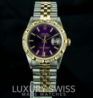 Rolex Watch Men ' s Datejust 16013 Purple Dial w/ Stick Markers Gold Pyramid Bezel 6