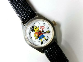 Vintage Mickey Mouse Hong Kong Likson Co.  Wind - Up Watch Hirsch Black Leather