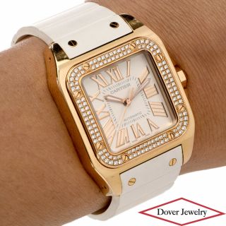 Cartier Santos 100 Diamond 18k Rose Gold Rubber Ladies Watch Nr $30,  350.  00