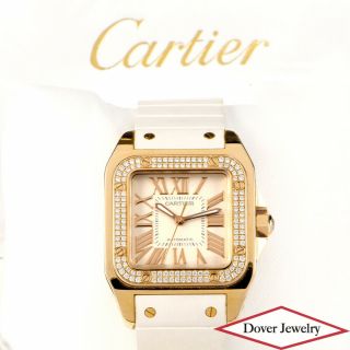 Cartier Santos 100 Diamond 18K Rose Gold Rubber Ladies Watch NR $30,  350.  00 2