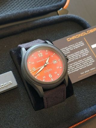 Chronologia Pilot Red Dial Nh 35 Automatic 45.  5 Mm Case W Black Canvas Msrp $375