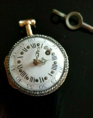 18th Century Fusee Pocket Watch.  Fancy 16k Gold Enamel Case,  Vtg.  Key Runs Well