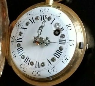 18th Century Fusee Pocket Watch.  Fancy 16k Gold Enamel Case,  Vtg.  Key RUNS WELL 2
