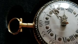 18th Century Fusee Pocket Watch.  Fancy 16k Gold Enamel Case,  Vtg.  Key RUNS WELL 4