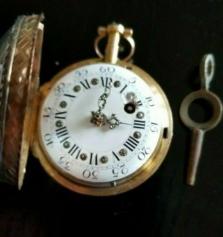 18th Century Fusee Pocket Watch.  Fancy 16k Gold Enamel Case,  Vtg.  Key RUNS WELL 7