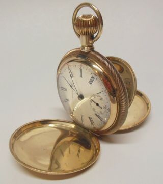 Waltham 1907 Pocket Watch 18s 14k Solid Gold Hunter Case 7 Jewel