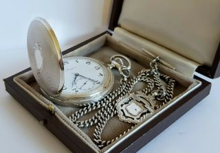 Antique Solid Silver Longines Full Hunter Pocket Watch W Chain & Fob C1900 Gwo