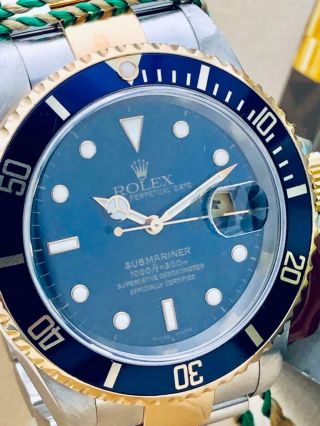 Estate Rolex Submariner 16613 Date SS 18k Gold BLUE Dial w/ Box,  Books MINTY 11