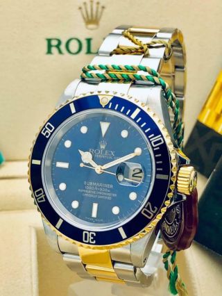 Estate Rolex Submariner 16613 Date SS 18k Gold BLUE Dial w/ Box,  Books MINTY 3