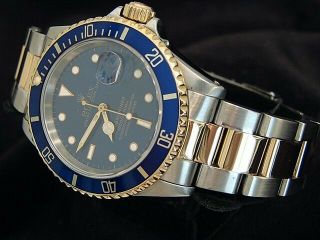 Rolex Submariner Date 18k Yellow Gold & Steel Watch Blue Dial & Bezel Sub 16613 2