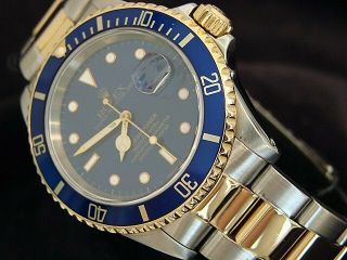 Rolex Submariner Date 18k Yellow Gold & Steel Watch Blue Dial & Bezel Sub 16613 3
